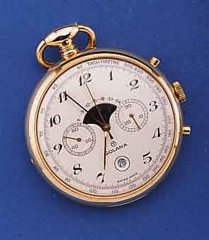 GOLANA HERRENTASCHENUHR/CHRONOGRAPH, M.MOND- PH.U.DAT., SCHWEIZ UM 1980, MET.HART VERG., EDELSTAHL BOD.U.GLASRD. AUFGEDR., MONDPH.-KOR. AUSSEN NEUN, ...