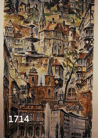 DEEGE, HEINRICH, GEB. 1920 HASSLOCH, FREI KOMPONIERTE ANSICHT VON NEUSTADT AN DER WEINSTRAßE, POLYCHROMES AQUARELL, RE. U. SIGN. UND DAT. 654, ...