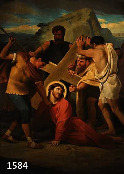 UNBEK. KÜNSTLER 19. JH., GROSSE KREUZWEG- STATION, QUALITÄTVOLLE MALEREI, CHRISTUS FÄLLT UNTER DEM KREUZ, ÖL/LWD. (MEHRERE SORGF. REST), ...