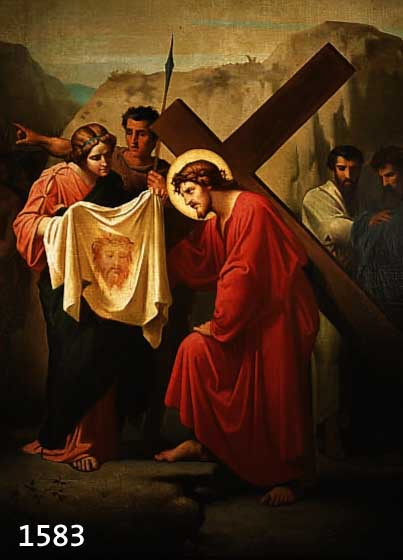 UNBEK. KÜNSTLER DES 19. JH., DIE HEILIGE VERONIKA REICHT CHRISTUS DAS SCHWEISSTUCH KREUZWEGSTATION, QUALITÄTVOLLE, VIELFIGURIGE MALEREI, ...