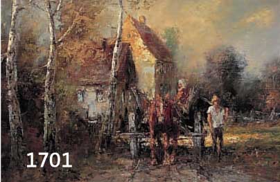 UNBUNBEK. IMPRESS. KÜNSTLER UM 1970, BAUER AUF PFERDEKARREN AUF DEM FELDWEG, ÖL/LWD., UNLESERL. SIGN. U. LI., 60 X 70 CM, R.