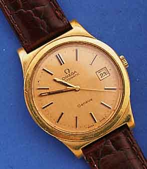 OMEGA HERRENARMBANDUHR, AUTOMATIK, GENEVE, METALL HART VERG., EDELST.BOD. GESCHR., DAT. M. SCHNELLKOR. DURCH 2-FACH RASTENDE KRONE, WERK VERG., ...