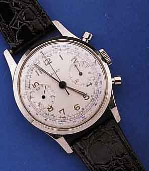 GALLET ARMBANDCHRONOGRAPH, SCHWEIZ UM 1964, METALL VERCHR., EDELST.-BODEN U. GLASR. GEDR., VERS. BLATT ZUM RAND ZU L. FL., TACHYMETER- SKALA AUF ...