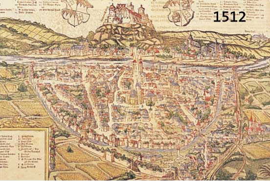 KONVOLUTKONVOLUT VON 2 BLATT WÜRZBURG, 1) KOLOR. HOLZSCHNITT AUS EINER DEUTSCHEN AUSGABE DES SEB. MÜNSTER, AUF DER DOPPELTEN BUCHSEITE, GA ...