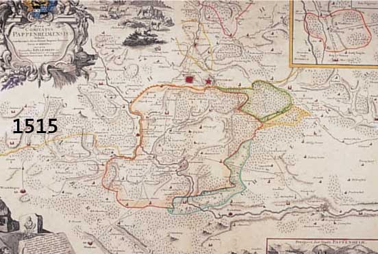ALTKOLOR. KUPFERSTICH V. HOMANN ERBEN, CA. 1760, NOVA COMITATUS PAPPENHEIMENSIS TABULA, MIT EINER ÜBERGR. PRACHTVOLLEN, MIT ALTKOLOR. WAPPEN ...