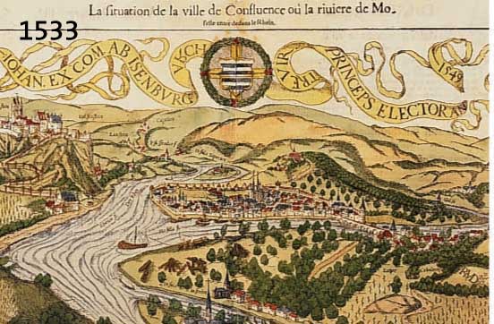 KONVOLUT VON 7 BLATT KOBLENZ U.UMGEBUNG, 1) KOLOR. HOLZSCHNITT,AUS FRANZ. AUSGABE DES SEB. MÜNSTER, CA. 1590, GA KOBLENZ, M.GROßEM SCHRIFTBAND ...