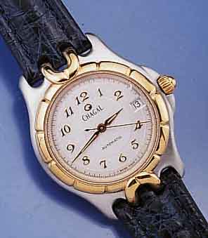 CHAGALL DESIGNERHERRENARMBANDUHR, AUTOMATIK, SCHWEIZ UM 1995, UNGETR. LAGERW., EDELST. SAT., BOD. U. VERG. KRONE GESCHR., BEI FERTIG- ST. WASSERD. ...