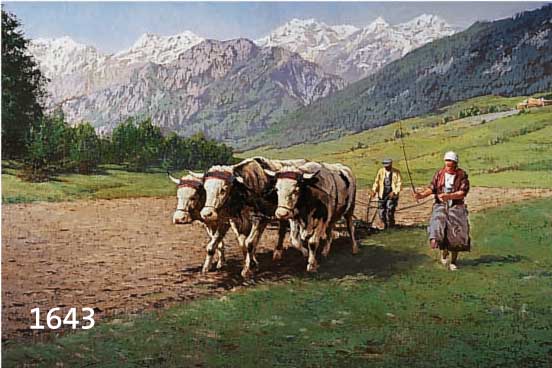 OBERS, L. MÜNCHNER SCHULE, 30ER JAHRE, BAUER UND BÄUERIN MIT OCHSENPFLUG IN ALPEN- LANDSCHAFT, ÖL/LWD., SIGNIERT