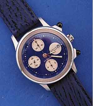 AUGUSTE REYMOND ARMBANDCHRONOGRAPH, AUTOMATIK, SCHWEIZ, UNGETR. LAGERW., 2000, HAIFISCH- LEDERBD., EDELST.STIFTSCHL., ETUI, BED.ANL., ...
