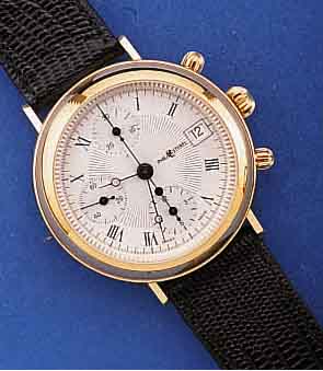 PHILIP ESTEREL ARMBANDCHRONOGRAPH, AUTOMATIK, SCHWEIZ UM 1995, METALL, HART VERG., BEIDS. MINERALFLACHVERGL., GUILL. VERS. KONTRAST- ZIFFERBLATT, ...