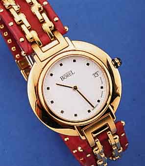 ERNEST BOREL DESIGNERDAMENARMBANDUHR, HIGH- TECH-QUARTZWERK M. DAT., METALLGEH. WIE TEILE DES BD. HART VERG., MINERALFLACHGL., DOPPELTE UNSICHTB. ...