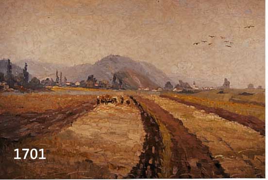 REISINGER, H. STUTTGARTER KÜNSTLER, LANDSCHAFTSDARSTELLUNG MIT BAUERN UND ARBEITER BEI DER ERNTE, 70 X 98 CM