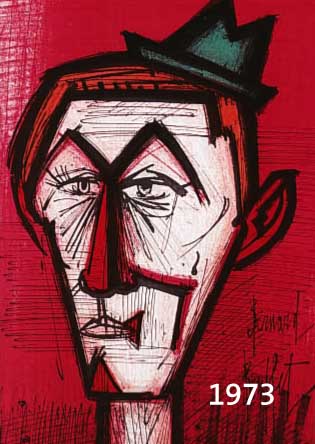 BUFFET, BERNARD, LE CLOWN AU FOND ROUGE, NATURE MORTE AUX FRUITS, ZWEI FARBLITHO- GRAPHIEN 1967, IM STEIN SIGNIERT, CA. 24 X 32 CM, PP.