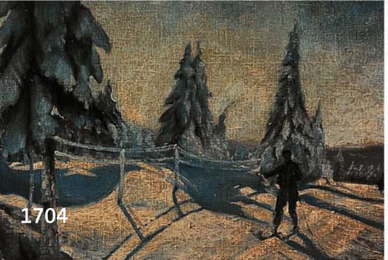 UNBEKANNTER MALER, WOHL DEUTSCH, UM 1910, SCHILÄUFER IN WINTERLANDSCHAFT, ÖL/LWD, RE. U. UNLESERLICH SIGN., STARK REINIGUNGSBEDÜRF- TIG, CA. 34 ...