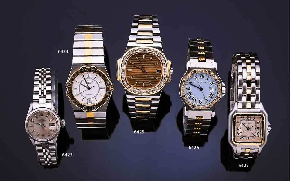 CARTIER DAMENARMBANDUHR SANTOS, AUTOMATIK, EDELST., EINSCHALENGEH., BOD. GEG. DIAMANTLÜN. 8-FACH VERSCHR., BEI FERTIGST. WASSERD., ...