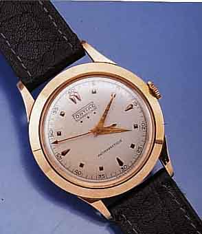 PONTIAC HERRENARMBANDUHR, SCHWEIZ UM 1956, RG 750/000, BOD. U. GLASRD. AUFGEDR., VERS. ORIG. BL., ALTERSBED. LT. FLECKIG, RUNDANKER- WERK, ETA ...