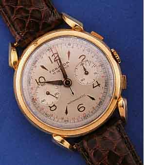 FORMIDA ARMBANDCHRONOGRAPH, SCHWEIZ UM 1946, ROSE-G 750/000, RUNDFORM MIT AUFWENDIG BETONTEN BANDANSTÖßEN (OBEN BEIDE REP./VERST. GELÖTET), 45 ...