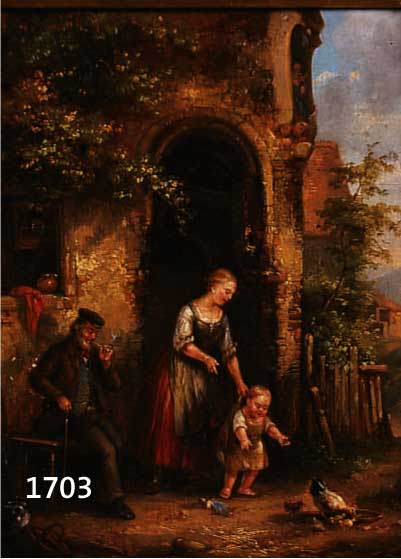 UNBEKANNTER KÜNSTLER, MITTE 19. JH, ÖL/MAHAGONIPLATTE, GROßVATER, MUTTER UND ENKELKIND VOR ROMANTISCHER HÄUSERKULISSE, FEINE MALEREI, ...