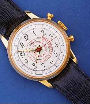 CIMIER HERRENARMBANDUHR SCHEINCHRONOGRAPH, M. UNRUHSTOPP, SCHWEIZ UM 1960, UNGETR. LAGERW ., METALL VERG., EDELST.-BODEN GEDR., EMAILL- FARB. ...