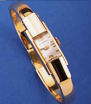 BUCHERER DAMENSPANGENUHR, SCHWEIZ UM 1949, GG 750/000, SICHERHEITSSCHL., BOD. AUFGEDR., BL. VERS., BAGUETTE-ANKERFORMWERK VON FHF, 17 ST., ...