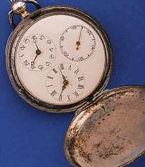 COURVOISIER GENEVE 2-ZEITZONENHERRENTASCHENUHR , SILBER, SCHWEIZ UM 1880, SCHLÜSSELAUFZUG, MESSINGCÜV. M. QUALIF. U. HERKUNFTSGRAV., FERTIG.NR. ...