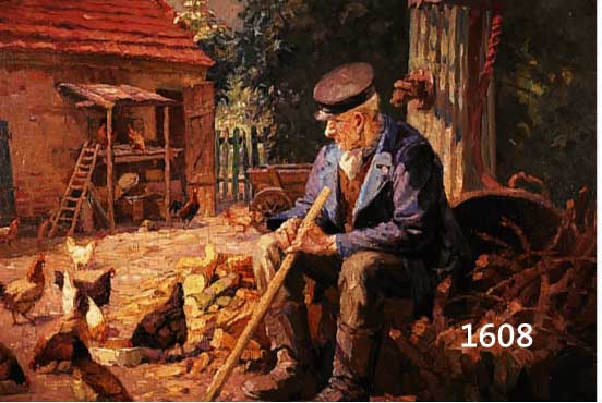 THOST, RUDOLF, 1868 ZWICKAU-1926 STUTTGART, SCHÜLER DER AKADEMIEN DRESDEN, KARLSRUHE UND STUTTGART, ALTER MANN IM HÜHNERHOF, ÖL/HOLZ, RE. U. ...