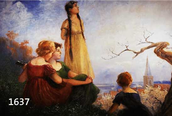 UNBEKANNTER MALER DES JUGENDSTILS, DEUTSCH, UM 1900, VIER JUNGE FRAUEN BLICKEN AUF EIN DORF, ÖL/LWD, UNSIGN., CA. 83 X 123 CM, R.