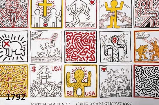 HARING, KEITH, 1958-1990, ONE MAN SHOW, FARBSIEBDRUCK VON 1982, STARK KNITTERFALTIG, CA. 84 X 99 CM