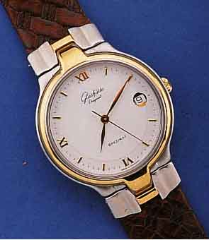 GLASHÜTTE ORIGINAL HERRENARMBANDUHR SPEZIMAT, DEUTSCHLAND UM 1992, EDELST. POL., KRONE U. LÜNETTE HARTVERG., BEWEGL. BANDANST., LEDERB., BEIDS. ...
