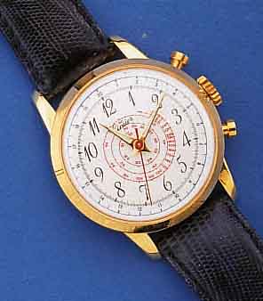 CIMIER HERRENARMBANDUHR SCHEINCHRONOGRAPH, M. UNRUHSTOPP, SCHWEIZ UM 1960, UNGETR. LAGERW ., METALL VERG., EDELST.-BODEN GEDR., EMAILL- FARB. ...