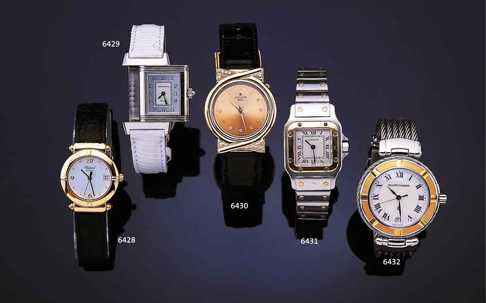 PHILIPPE CHARIOL DESIGNERARMBANDUHR, SCHWEIZ 1996, EDELST.-GEH. SOWIE 6-REIHIGES BAND IN GEDR. STAHL, GG-LÜNETTE, BOMB. SAPHIRGL., EMAILFARB. ...