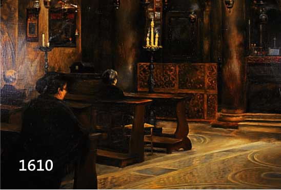 UNBEKANNTER KÜNSTLER. DEUTSCH, UM 1900-10, KIRCHENINTERIEUR, ÖL/LWD, UNSIGNIERT, MIT ALTERSBEDINGTEN KLEINEREN FARBSCHÄDEN IM OBEREN BEREICH, ...
