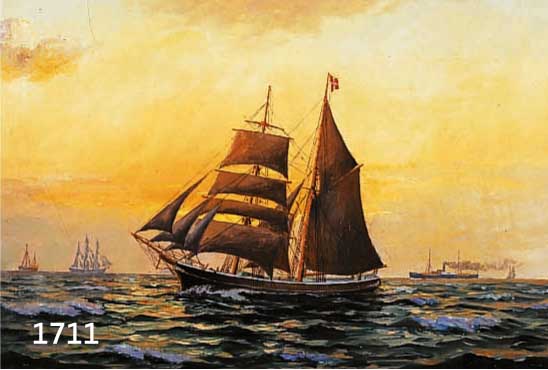 LANDT, FRANTZ, DÄNISCHER MALER 1885-1976, ZWEIMASTER IN VOLLER TAKELAGE, IM HINTERGRUND WEITERE SEGELSCHIFFE UND EIN DAMPFER IM ABEND- ROT, ...