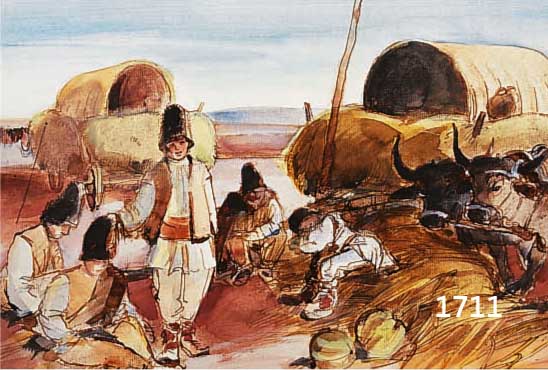 BODE, 1. HÄLFTE 20. JH., (EVTL. JOHANNES BODE 1853 - 1925 FRANKFURT A. M.), BAUERN IN TRACHT MIT OCHSENFUHRWERK BEI DER RAST, AQUARELL, SIGN., ...