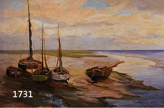 HENTSCHKE, HANS, GEB. 1889 GUBEN - 1969 BREMERHAVEN, FISCHER- BOOTE IM WATT BEI EBBE, ÖL/LWD., SIGN., 51 X 68 CM, R. (DIESER L. BESCH.)