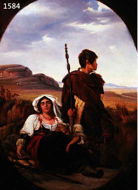 JONAS, JULES, WOHL FRANZÖSISCHER KÜNSTLER, MITTE 19. JH., FAMILIE BEI DER RAST VOR WEITER LANDSCHAFT, QUALITÄTVOLLE ROMANTISCHE MALEREI, ...