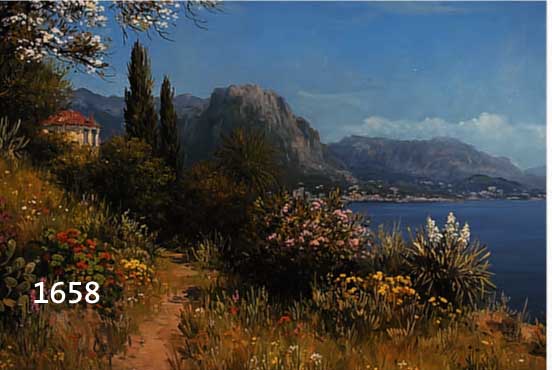 UNBEK. KÜNSTLER 1. HÄLFTE 20. JH., BLÜHENDE ITALIENISCHE KÜSTENLANDSCHAFT BEI LUGANO, ÖL/LWD., UNLESERL. SIGN., VERSO AUFKLEBER EINER ...