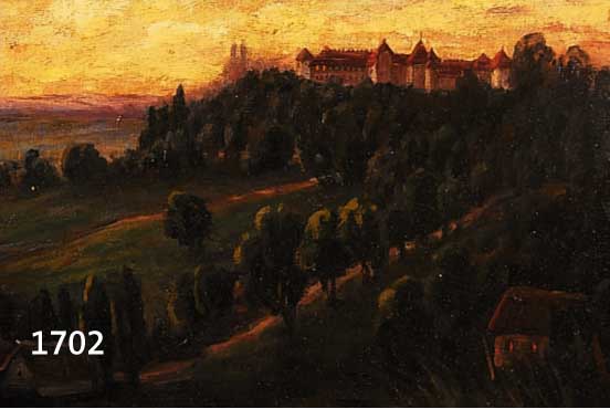UNBEK. KÜNSTLER D. 19./20. JH., WOHL SÜDDEUTSCH, ABENDLICHER HIMMEL ÜBER SCHLOSS AUF BEWALDETEM HÜGEL, ÖL/MALKARTON, UNLESER- LICH SIGN., 35 ...