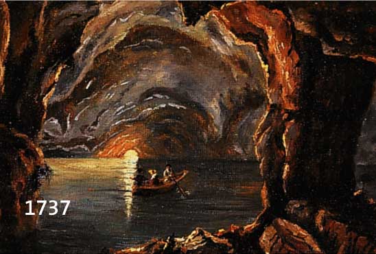 UNBEK. KÜNSTLER D. 19./20. JH., IN DER GROTTE, ÖL/LWD./MALKARTON, UNSIGN., 13 X 17 CM, R. (DIESER L. BESCH.)
