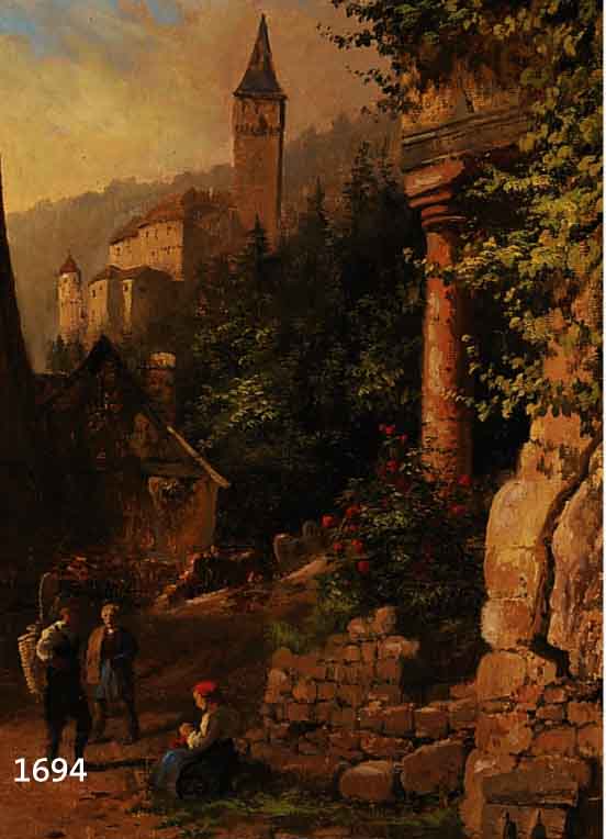 WEYSSER, KARL, 1833 DURLACH-1904 HEIDELBERG, PERSONEN VOR HISTORISCHER STÄTTE, IM HINTERGRUND SCHLOß, ÖL/LWD, RE. U. SIGN., ALTE RESTAURIERUNG ...
