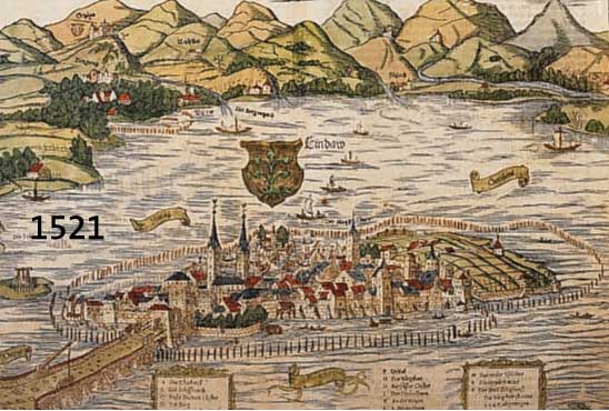 KONVOLUT VON 3 BLATT MIT ANSICHTEN VON LINDAU AM BODENSEE, 1.) KOLOR. HOLZSCHNITT AUS EINER DEUTSCHEN AUSGABE DES SEB. MÜNSTER AUF DER DOPPELTEN ...