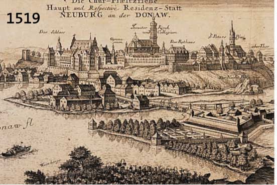 KONVOLUT VON 2 BLATT MIT KUPFERSTICHEN VON NEUBURG AN DER DONAU UND UMGEBUNG, 1.) KUPFERSTICH V. BIDENEHR, CA. 1720, DIE CHUR PFAELTZISCHE HAUPT ...