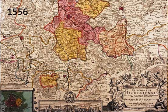 ALTKOLOR. KUPFERSTICHKARTE V. HOMANN, CA. 1740, EPISCOPATUS HILDESIENSIS..., MIT GR. TITELKARTUSCHE UMGEBEN VON FIGURENSTAFFAGEN, LI. ALTKOLOR. ...