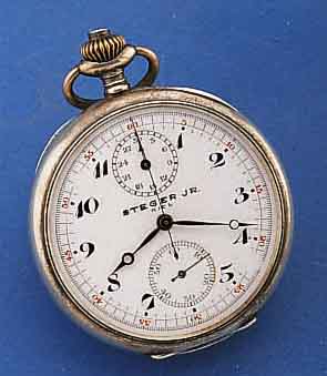 MINERVA TASCHENCHRONOGRAPH, SCHWEIZ/DEUTSCH- LAND UM 1935, 800ER SILBER, EMAILBL. REP. BEI 4 U. 10, 30-MIN.-STOPPZÄHLER, AUF BLATT VER- ...