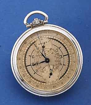 MONTBRILLANT TASCHENCHRONOGRAPH, SCHWEIZ UM 1938, METALL VERCHR., 2-FARB. VERS. BLATT BEZ. ANJAX, TELEMETERAUßEN-, TACHYMETERINNENSKALA, ...