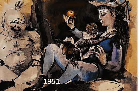 PICASSO, PABLO, 1881-1973, NACKTER MANN, MÄDCHEN UND AFFE, FARBLITHOGRA- PHIE, HANDSIGNIERT, ED. VERVE BOOK, PARIS 1954 FÜR MOURLOT, CA. 31,5 X ...