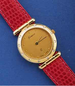 GENEVE DAMENGOLDUHR, SCHWEIZ UM 1996, GG 585/000, BODEN GEDR., LÜNETTE M. DIAMANTBES., LEDERB. NEU, MINERALFLACHGL., HIGH-TECH- QUARTZW., L. ...