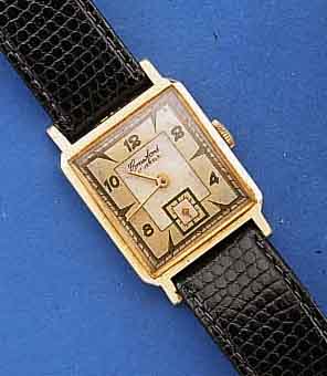 CRAWFORD HERRENARMBANDUHR, SCHWEIZ/USA UM 1952, GG 585/000, CARREE-COUPE-FORM, BODEN GE- DR., 2-FARB. VERS. BLATT, FARBL. GET., 17 ST., ...