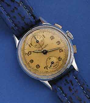 VALJOUX ARMBANDCHRONOGRAPH, SCHWEIZ UM 1940, METALL VERCHR., EDELST.-BODEN U. GLASR. GEDR., 30-MIN.-STOPPZÄHLER BEI 12, ORIG.-BLATT U. ZEIGER, ...