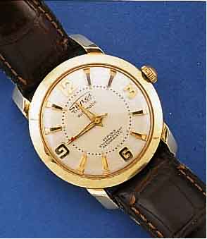 SUPER AUTOMATIK TIC/TAC, DEUTSCHLAND UM 1955, GG 585/000, BODEN GESCHR., BEI FERTIG- ST. WASSERGESCH., VERS. BLATT M. EXTREM ERH. STD.-ZEICHEN, 25 ...
